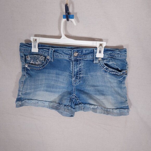 1001Knox Rose Denim Shorts Womens 12/31 Midi Blue Frayed Hem Embroidered Bling - Picture 1 of 14